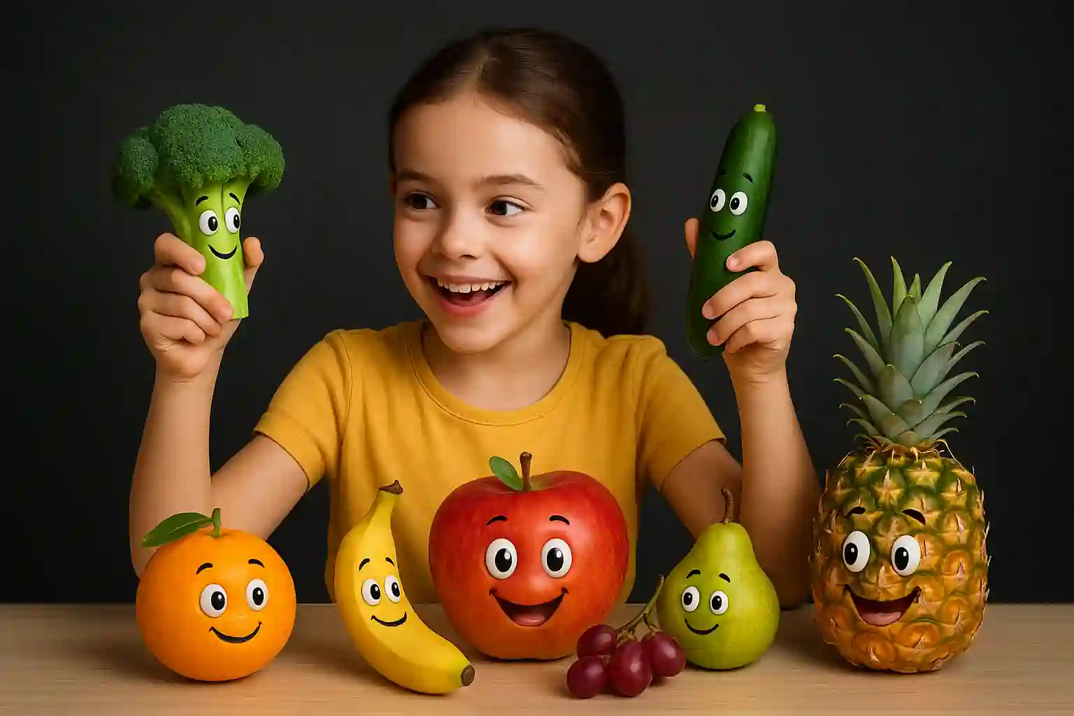 Petite fille souriante entourée de fruits avec des visages amusants
