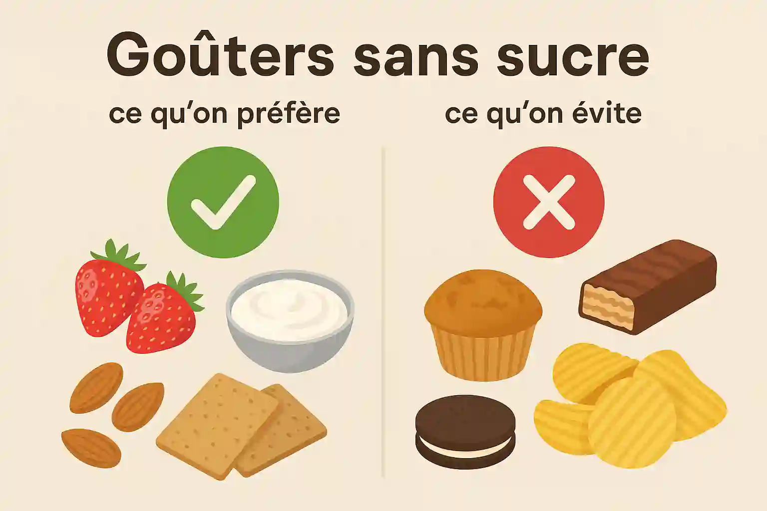 Comparaison visuelle entre des goûters sans sucre comme fraises, amandes et yaourt, et des goûters sucrés à éviter comme muffins et barres chocolatées