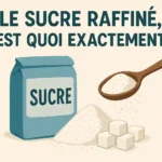 Illustration d’un paquet de sucre raffiné bleu, une cuillère en bois remplie de sucre blanc, un tas de sucre en poudre et des morceaux de sucre en cube.