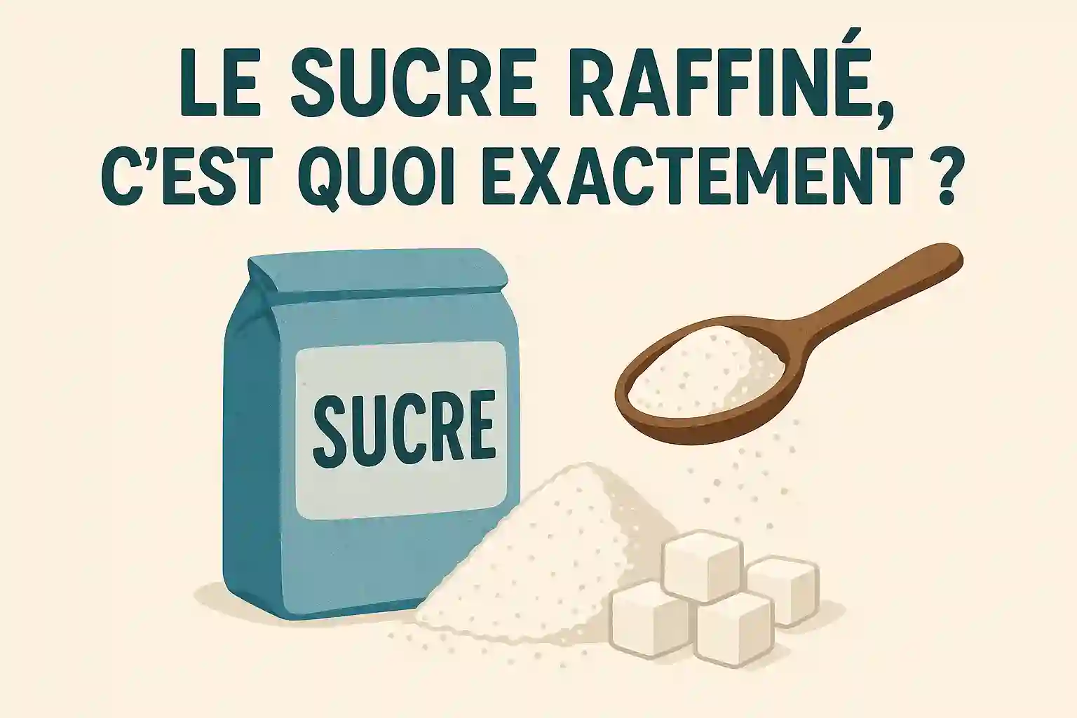 Illustration d’un paquet de sucre raffiné bleu, une cuillère en bois remplie de sucre blanc, un tas de sucre en poudre et des morceaux de sucre en cube.