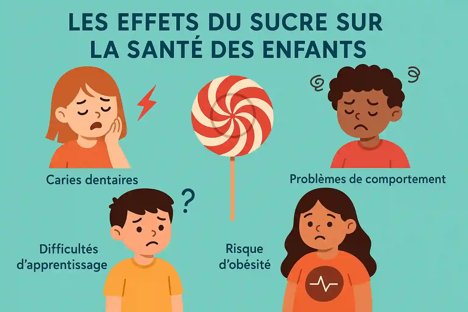 Infographie illustrée montrant quatre enfants affectés par le sucre : caries dentaires, troubles du comportement, difficultés d’apprentissage et risque d’obésité.
