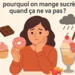 Illustration d’une femme triste mangeant un donut entourée de sucreries, représentant le lien entre sucre et émotions