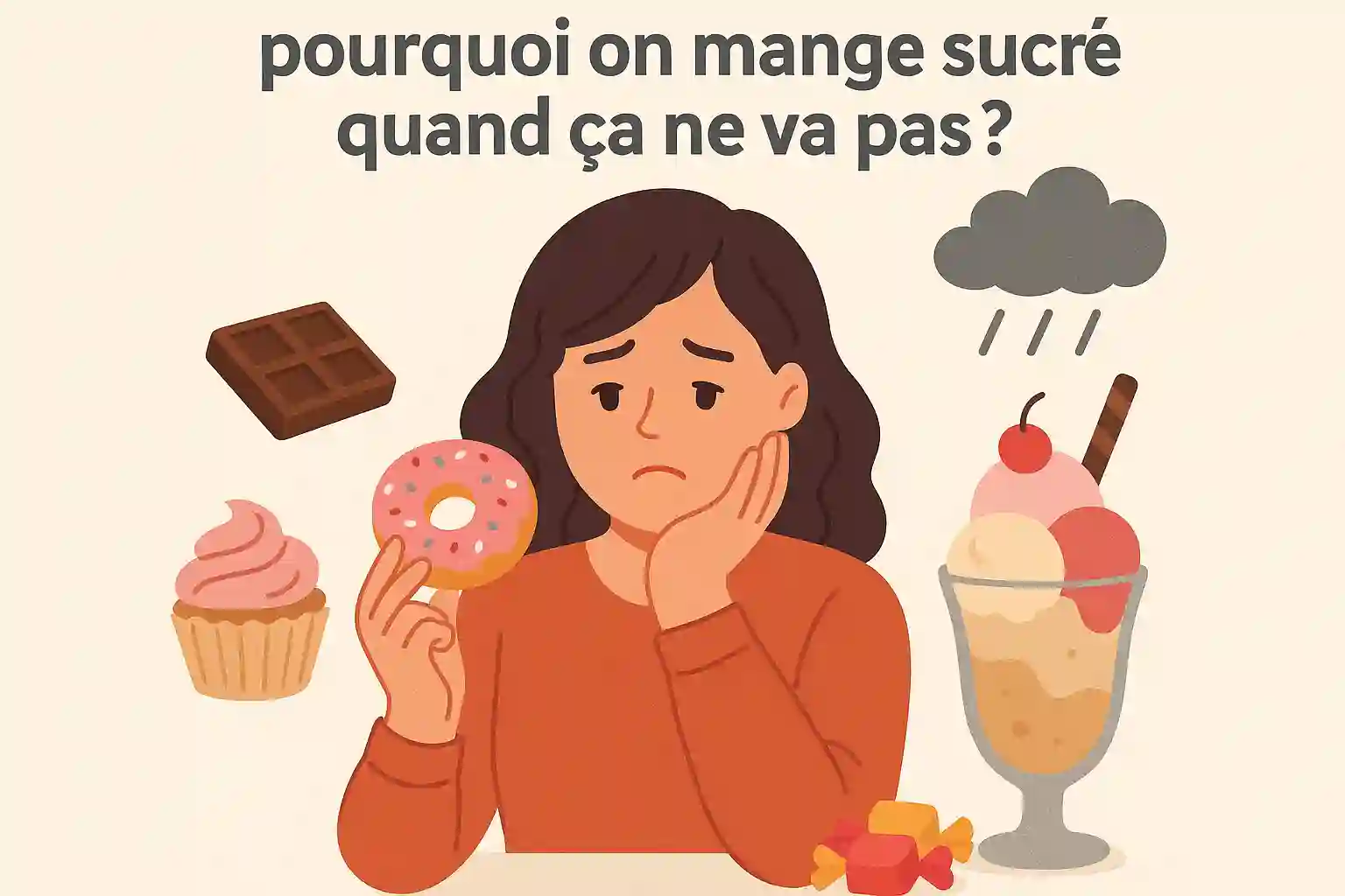 Illustration d’une femme triste mangeant un donut entourée de sucreries, représentant le lien entre sucre et émotions