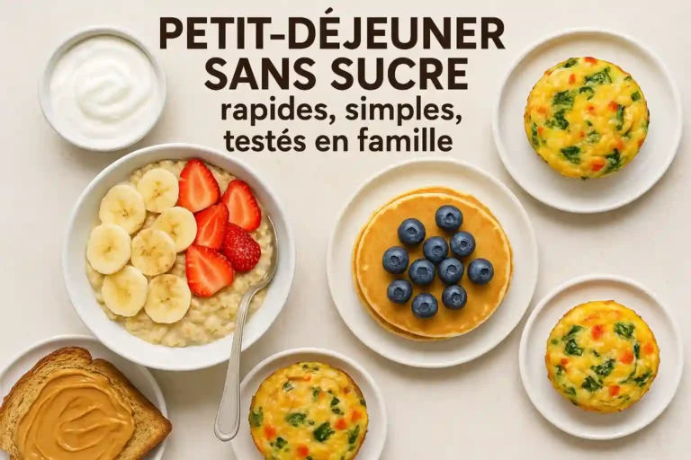 Assortiment de petits-déjeuners sans sucre avec fruits frais, porridge, pancakes aux myrtilles et muffins salés