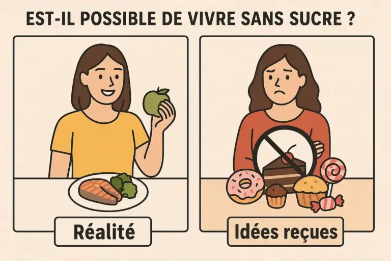 Illustration comparant la réalité d’une alimentation sans sucre à gauche (femme souriante avec une pomme et une assiette saine) avec les idées reçues à droite (femme triste entourée de sucreries interdites).