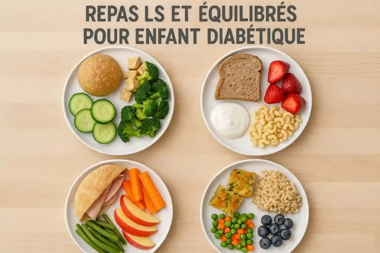 Assiettes équilibrées avec légumes, protéines, féculents et fruits, adaptées à un enfant diabétique.