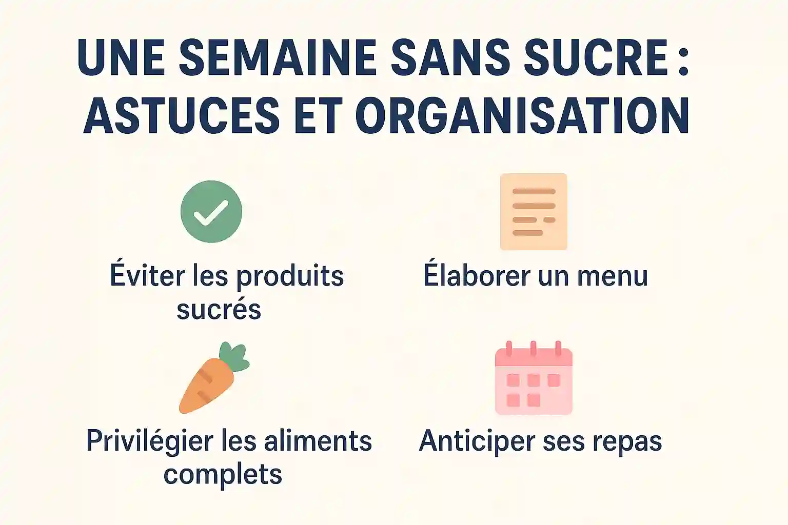 Infographie sur l’organisation d’une semaine sans sucre : éviter les produits sucrés, élaborer un menu, privilégier les aliments complets, anticiper les repas.