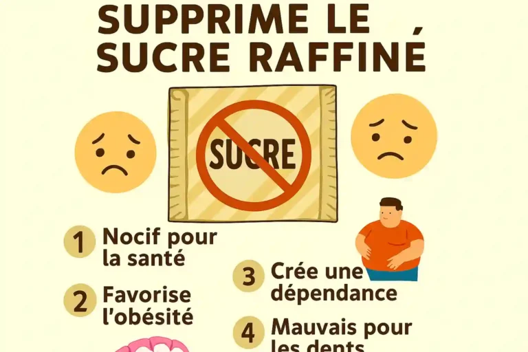 Infographie illustrant les dangers du sucre raffiné avec un panneau d’interdiction sur un paquet de sucre et des effets négatifs comme l’obésité, la dépendance et les caries.