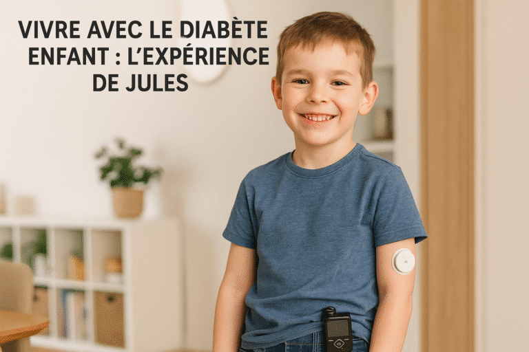 Jeune garçon souriant atteint de diabète, portant un capteur de glycémie sur le bras et une pompe à insuline à la ceinture, dans un salon familial.